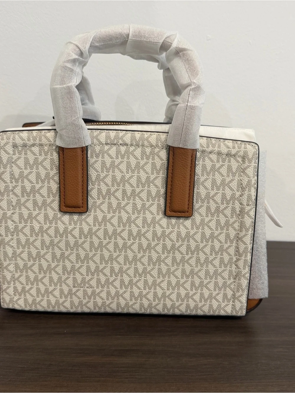 Michael Kors Cream MK Logo Satchel with Brown Trim